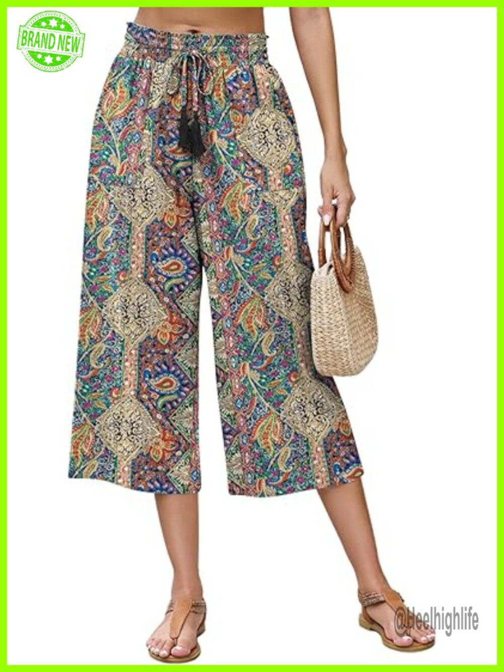 Linen Capri Wide Leg Pants with Drawstring Elastic Waist Casual Cropped